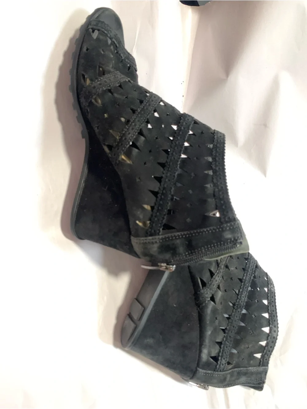 Black Laser-Cut Suede Peep-Toe Wedge Sandals size 7